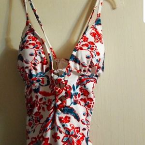 White Floral One-Piece Swimsuit with Red & Teal Print